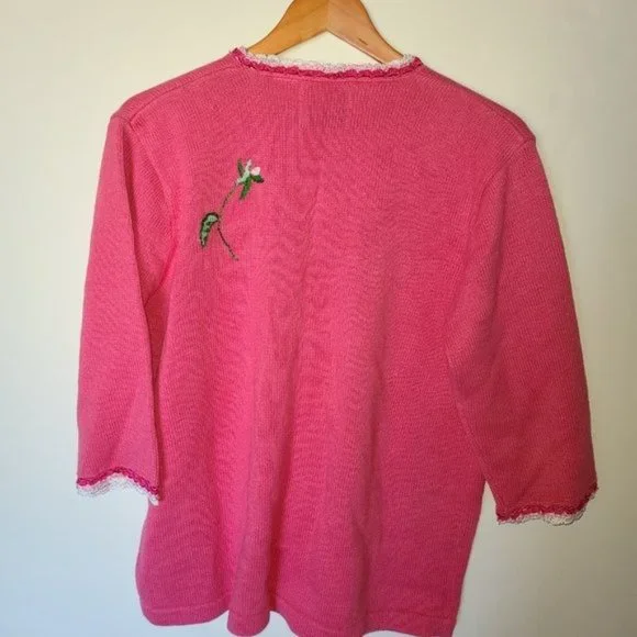 Storybook Knits Pink Cardigan Sweater Roses L - Picture 12 of 14